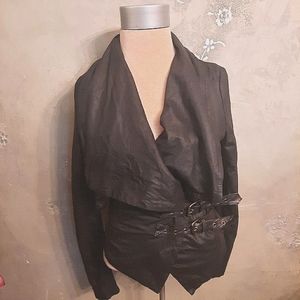 MUUBAA GOATSKIN WATERFALL/ DRAPED BUCKLED DISTRESSED MATTE LEATHER MOTO JACKET